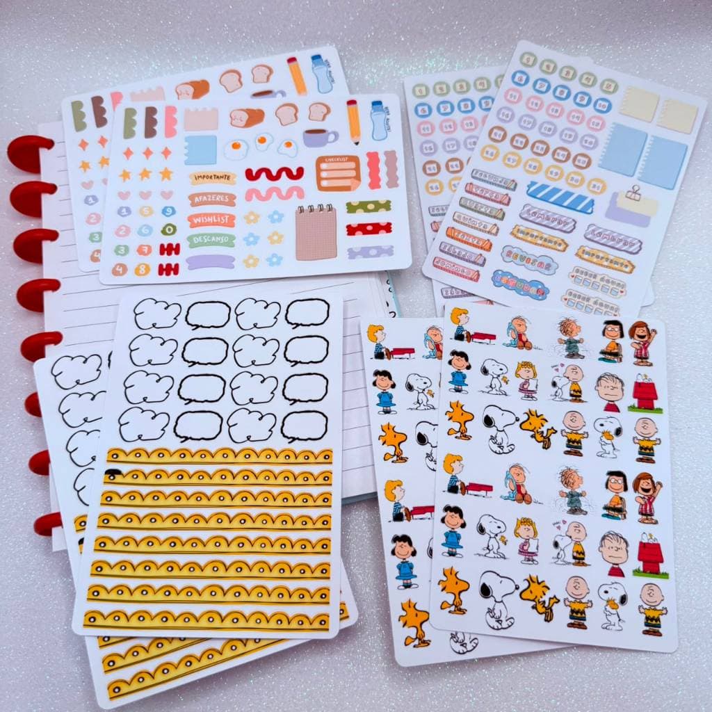 Kit 8 Cartelas de Adesivos Para Planner/Bullet Journal Snoopy Kawaii
