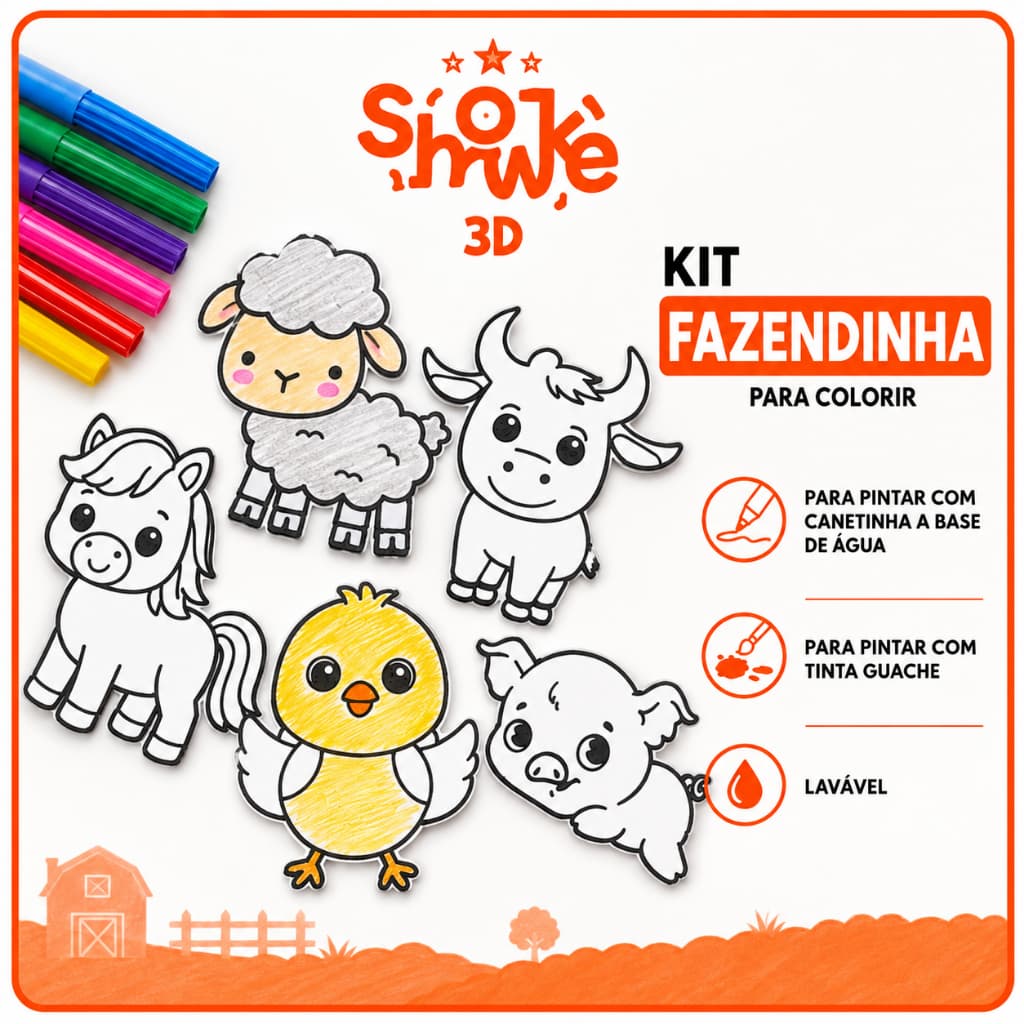 Kit com 5 placas Fazendinha para Colorir 3D - 8cm - Lavável. Ler descrição para informações de como utilizar.