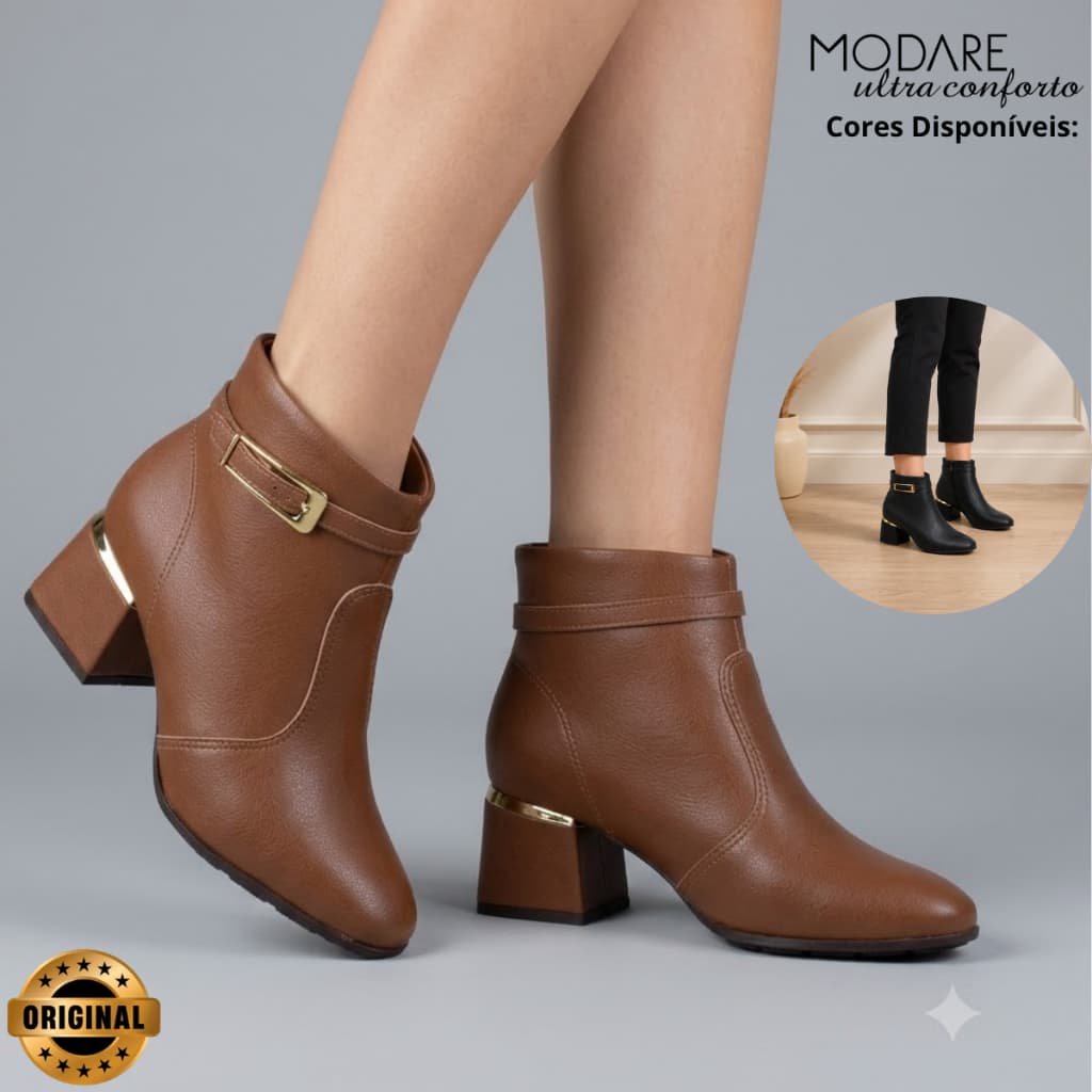 Bota Modare Feminino Fivela Metalizada Moderna Salto Detalhe Dourado Ultraconforto Original