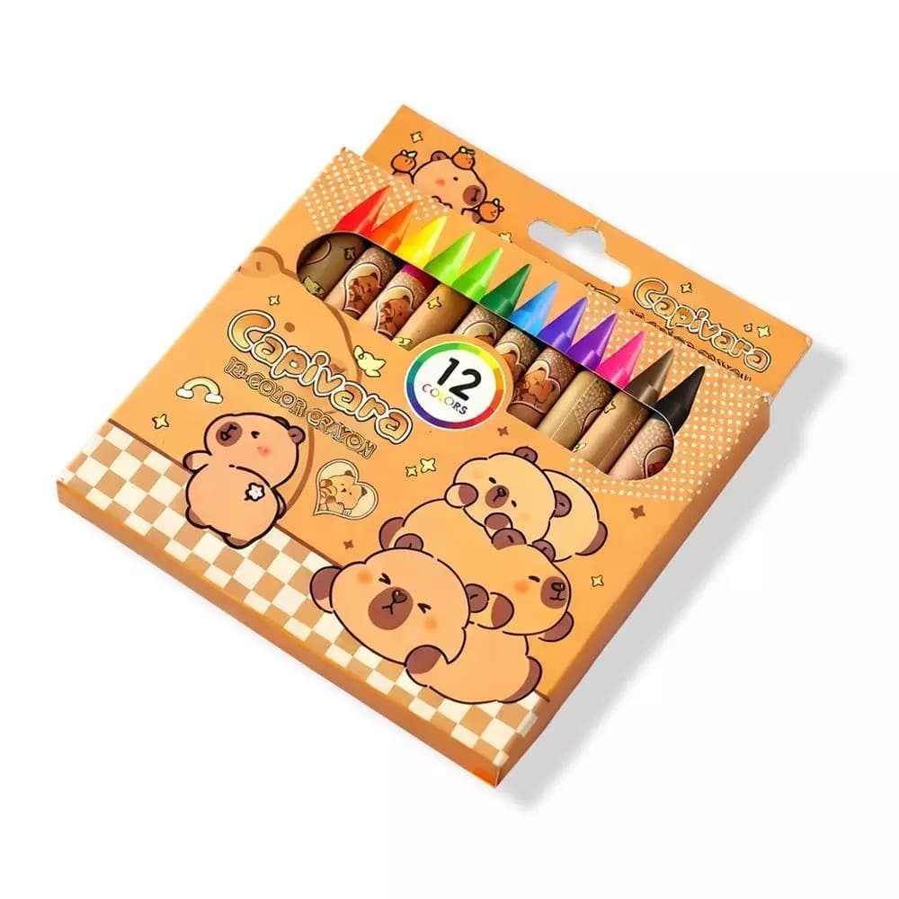 Giz de Cera Capivara Kit 12 Cores Traço Macio Não Tóxico Ideal Para Desenho Escola Atividades e Colorir