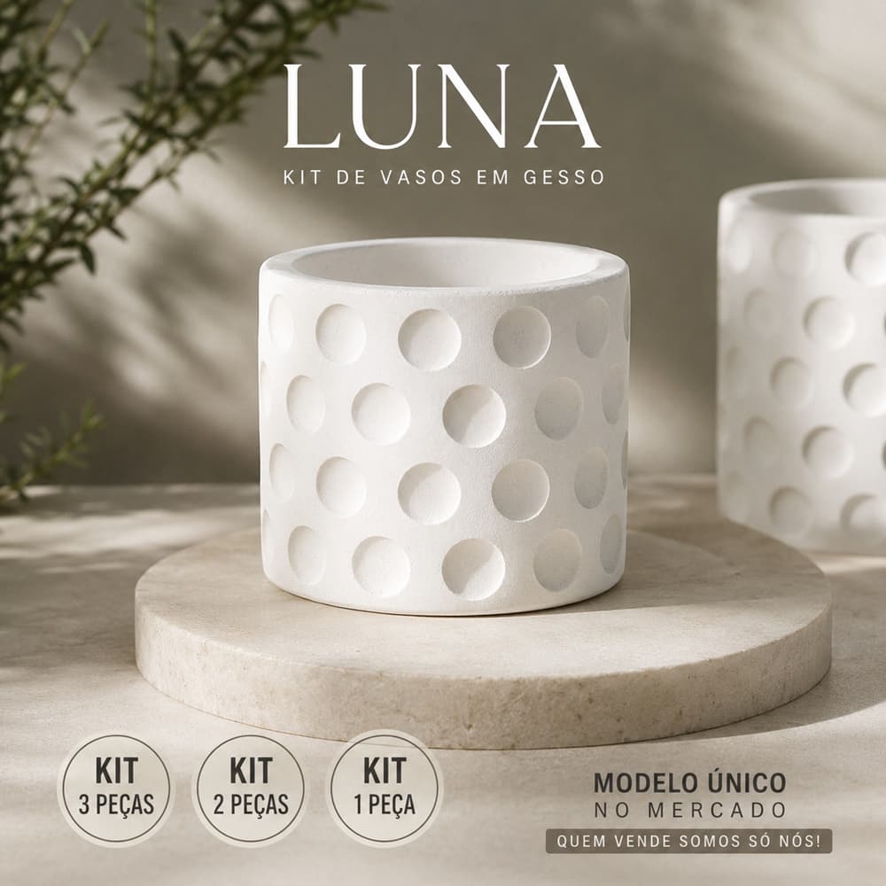 Kit Até 3 Vasos De Gesso Luxo Modernos Exclusivso Decorativos - Sala Quarto Escritório Mesa Bonito - Luna