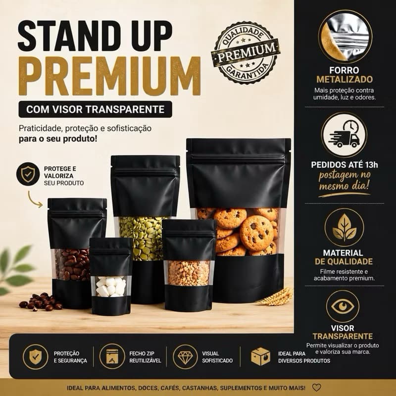 Saco Stand Up Pouch Preto 15x22 Zip Hermético com Visor | Doces Gourmet – 50Un