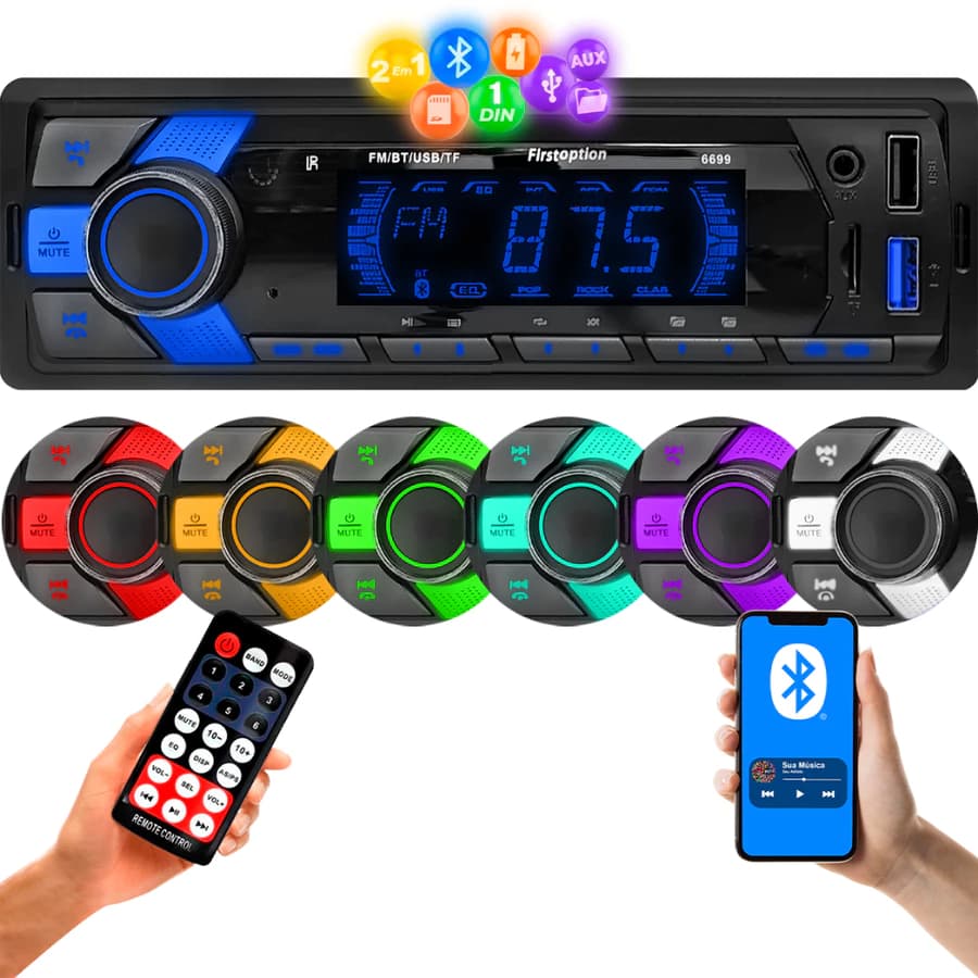 Rádio MP3 Som Automotivo Bluetooth 1 Din Com 2 USB Leitor de Cartão de Memória SD TF FM Auxiliar
