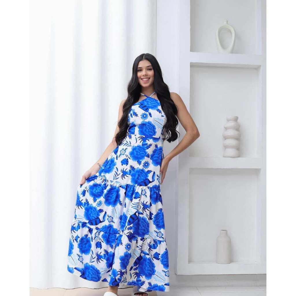 Vestido longo Juvenil de Menina Adolescente Estampado Três Marias com Amarração Primavera verão