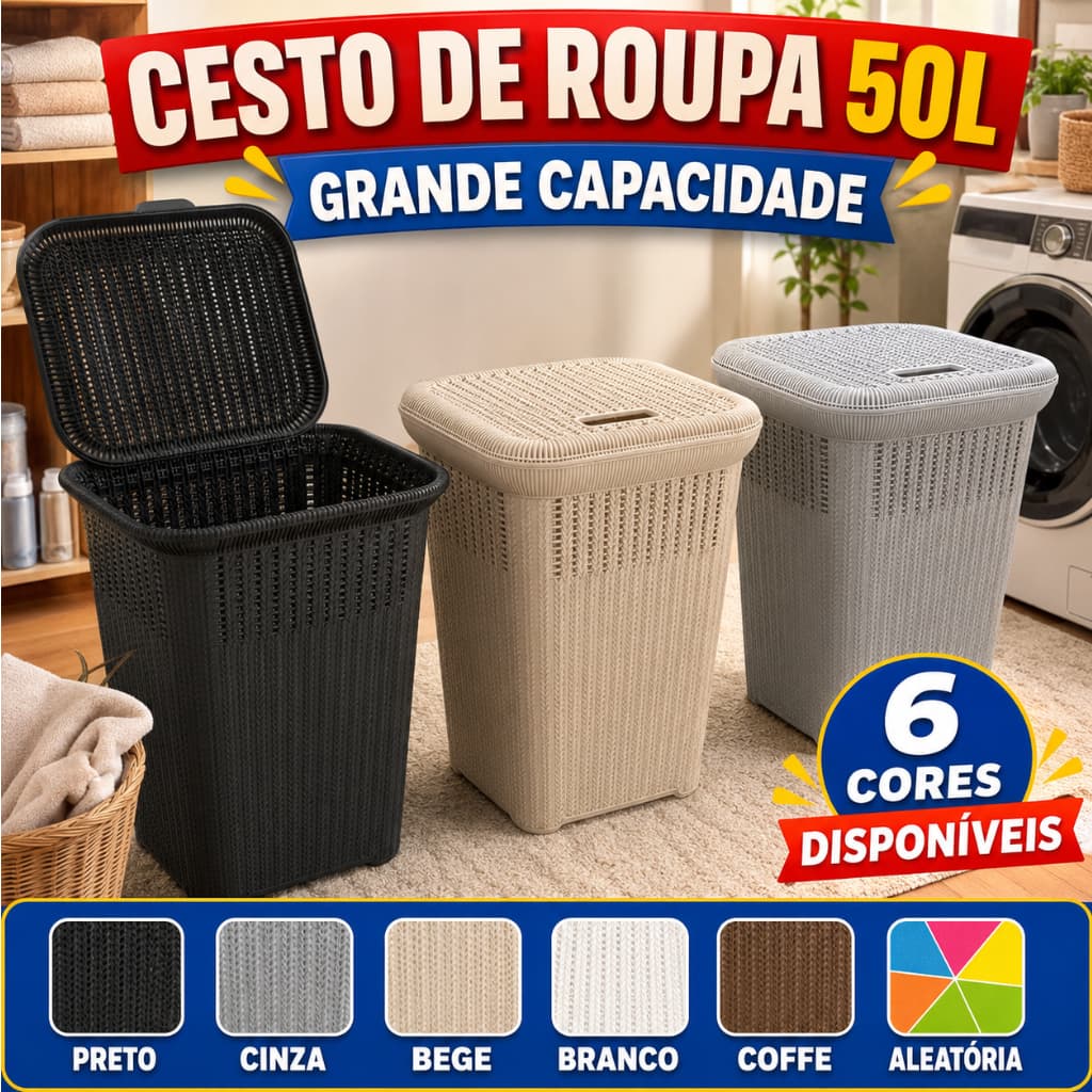 Cesto de Roupa Suja 50L Rattan Telado com Tampa Premium