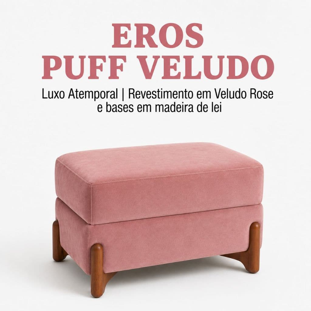 Banco Puff Eros Wood Veludo Rosê | Design Premium com Pés em Madeira