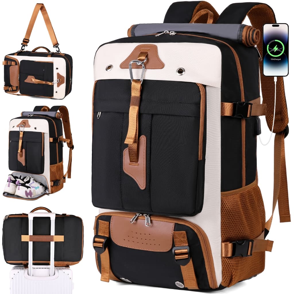 Mochila Multiuso 60L para Viagem, Porta USB e Bolsa Exclusiva para Sapatos, Tamanho Permitido em Voos para Notebook 16"
