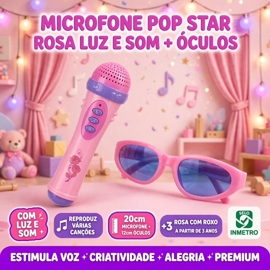 Kit Microfone Óculos Luz Som Rosa  Musical Infantil Karaokê Menina Brinquedo