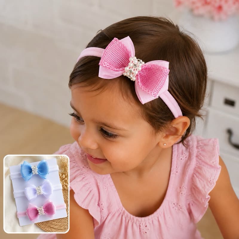 Kit Faixa de Bebê Menina 3 Peças Laço Luxo com Pérola e Strass | Tiara RN Infantil Delicada Premium