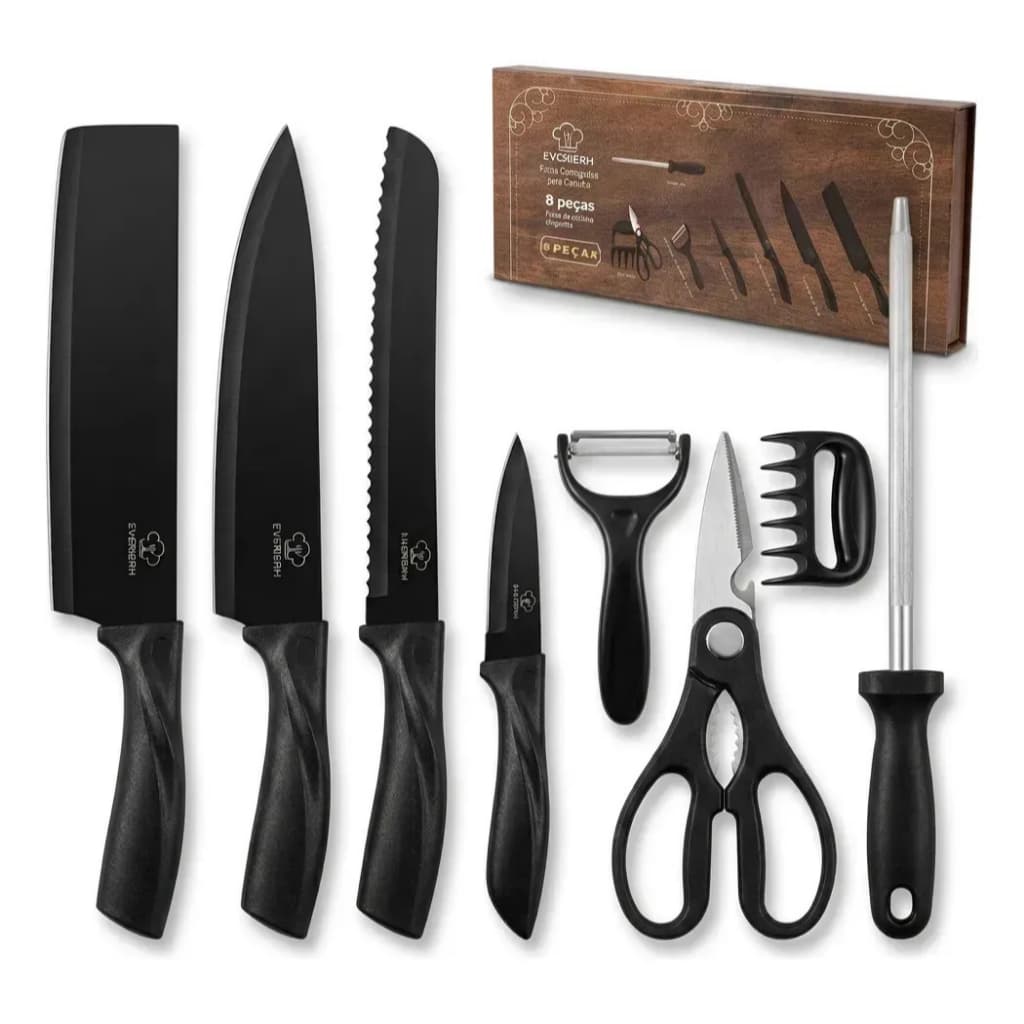 Jogo KIT 8 peças Facas Descascador Tesoura Profissional Cozinha Gourmet Faca de Churrasco Profissional Antiaderente MDL2