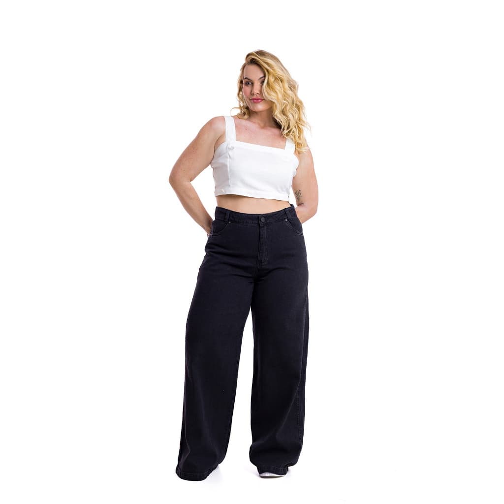 Calça Pantalona Moda Plus Size Jeans Estonado Premium Cintura Alta