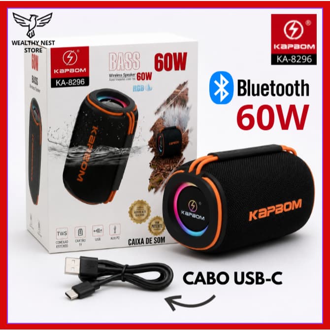 Caixa de Som Bluetooth KAPBOM 60W Portátil Som Potente Alta Qualidade Recarregável