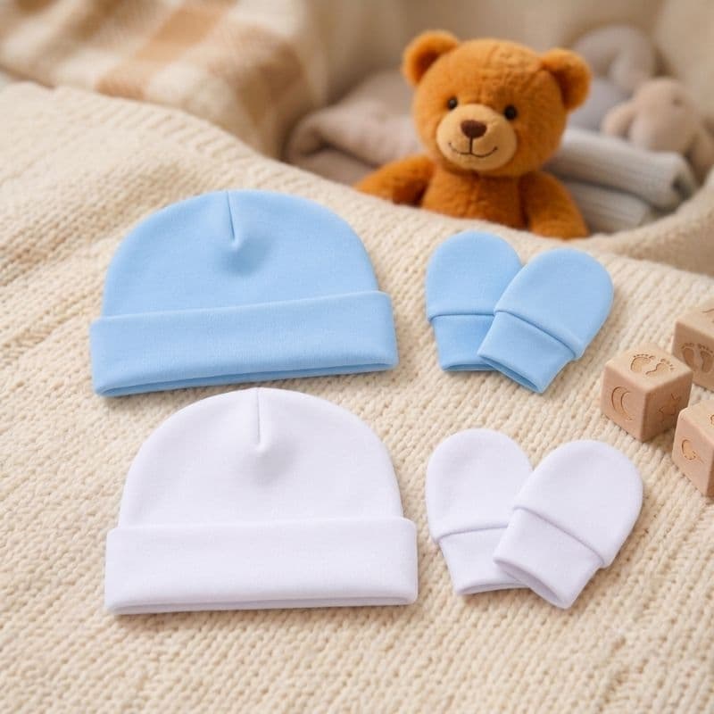 kit Touca + Luvas para  Bebê- RN - Azul bebê e branca