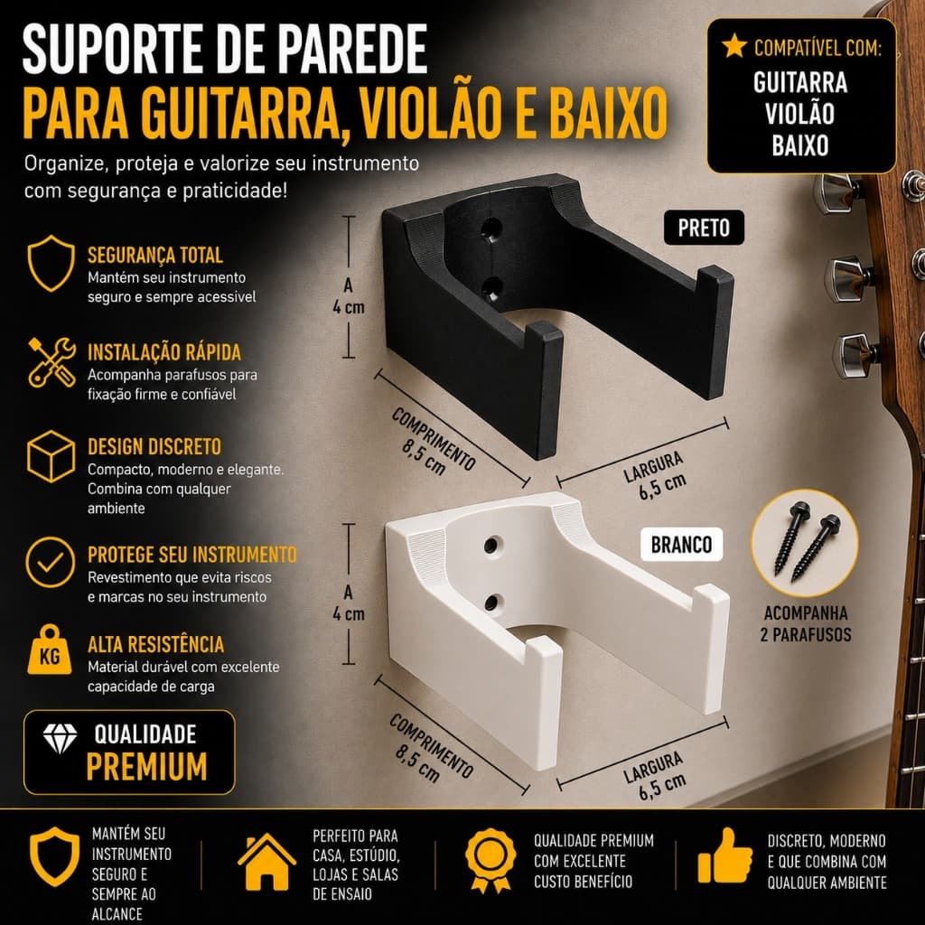 Suporte de Parede para Guitarra Violão e Baixo | Organizador de Instrumentos