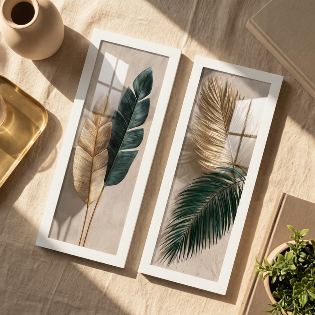 Kit 2 Quadros Decorativos Folhas Douradas 18x45cm Sala Quarto Enfeite Parede Decoração Elegante vidro