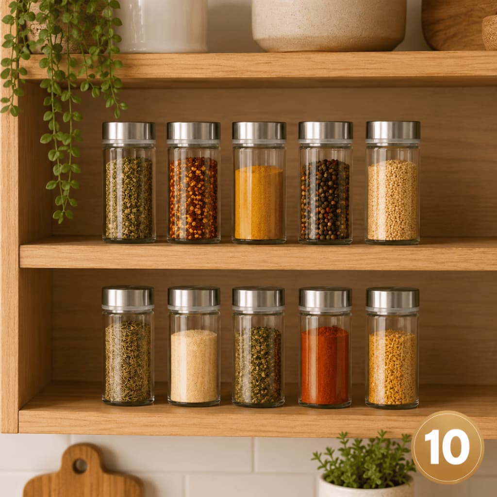 Kit 10 Potes Porta Temperos de Vidro com Tampa Inox Hermética Organizador para Cozinha Premium