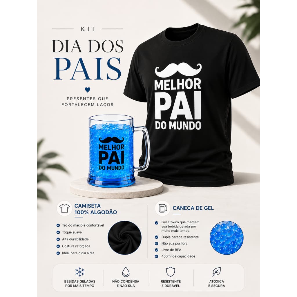 Kit Presente Dia dos Pais Camiseta Personalizada + Caneca de Gel 450ml Melhor Pai do Mundo