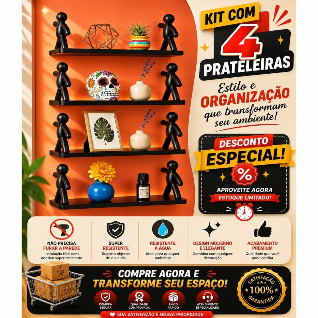 Kit 4 Prateleiras com adesivo decoração para sala cozinha banheiro prateleira organizador sem furo
