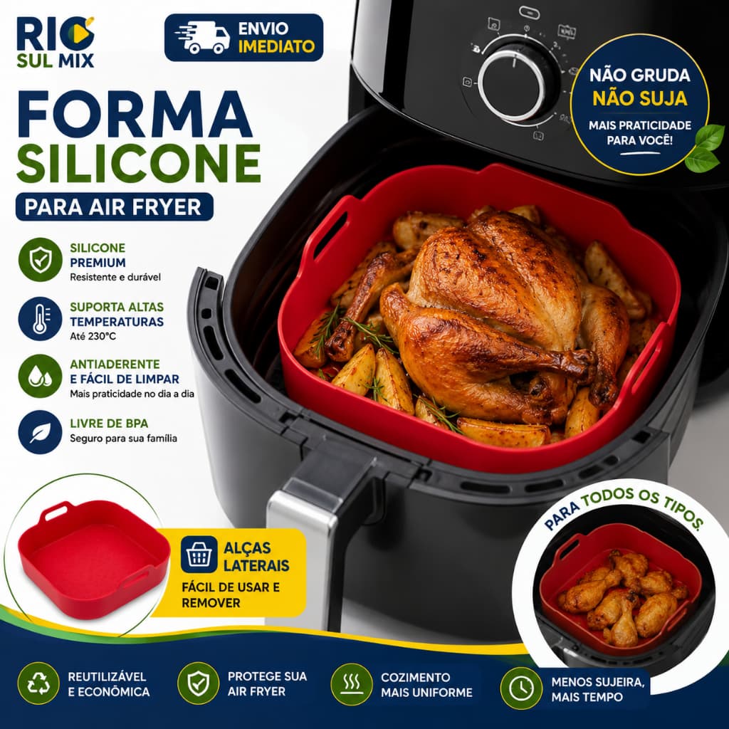 Kit 1 ou 2 Forma De Silicone Air fryer Clink Quadrada 5 L Resistentes Para Forno 230 °C