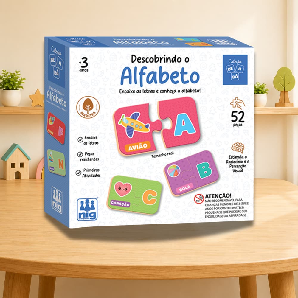 BRINQUEDO EDUCATIVO DESCOBRINDO O ALFABETO NIG EM MADEIRA 52 PEÇAS | QUEBRA-CABEÇA INFANTIL DE LETRAS | +3 ANOS