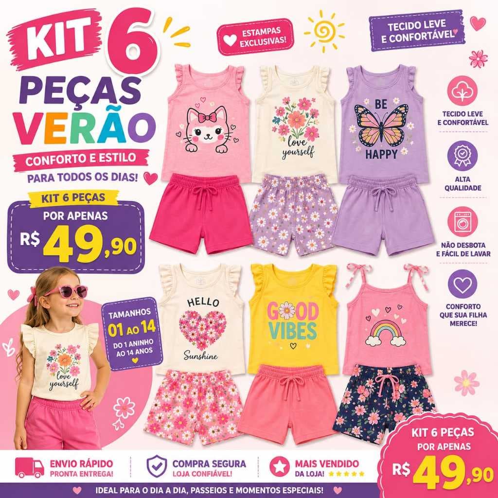 Kit C/6 peças Conjunto Verão menina Infantil e Juvenil tamanho 01 ao 16