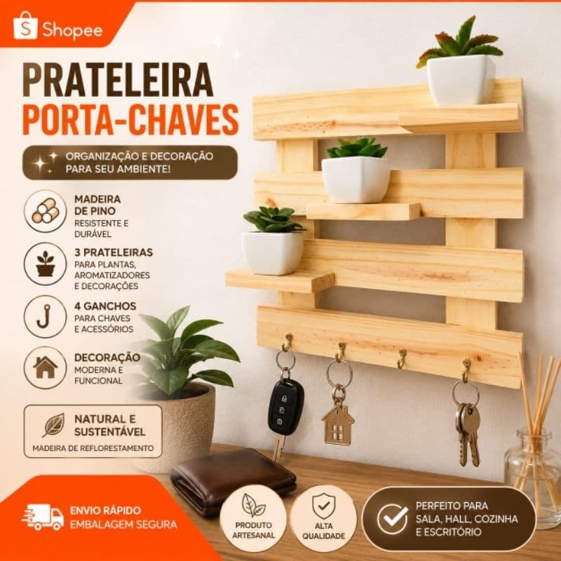 Porta Chaves de Parede em Madeira com Prateleiras Decorativas