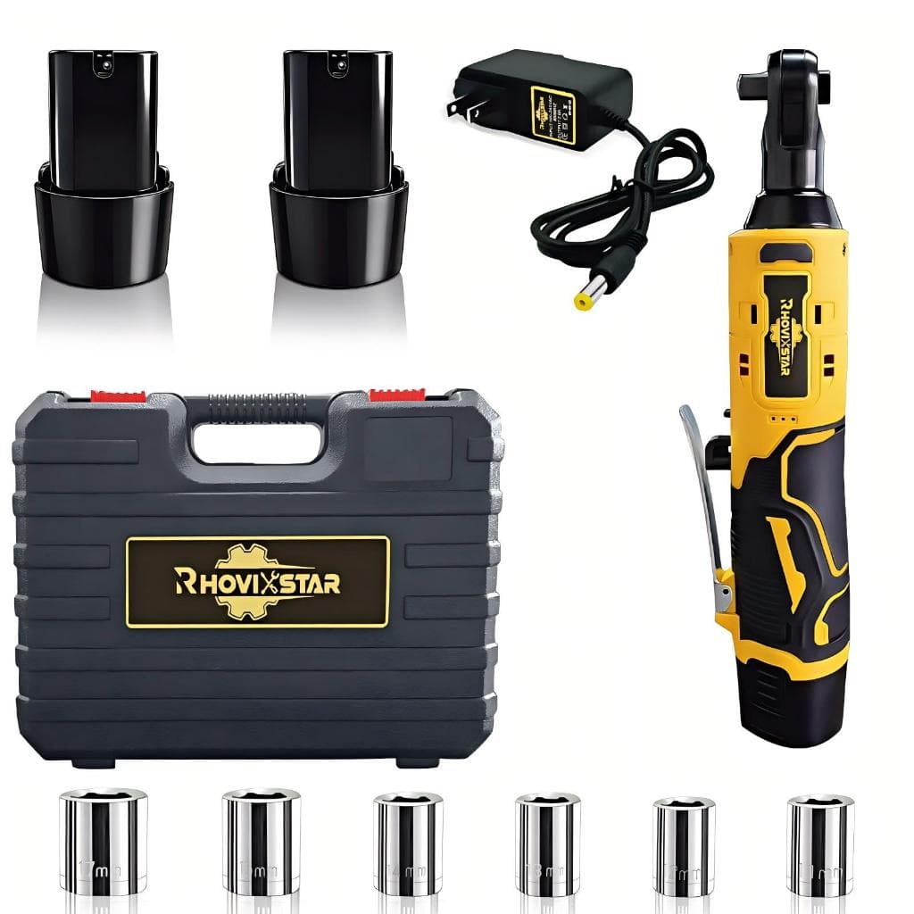 Rhovixstar Chave De Catraca Elétrica Sem Fio 12V, Com 2 Baterias, Inclui 6 Soquetes, Kit Portátil De Chave Elétrica