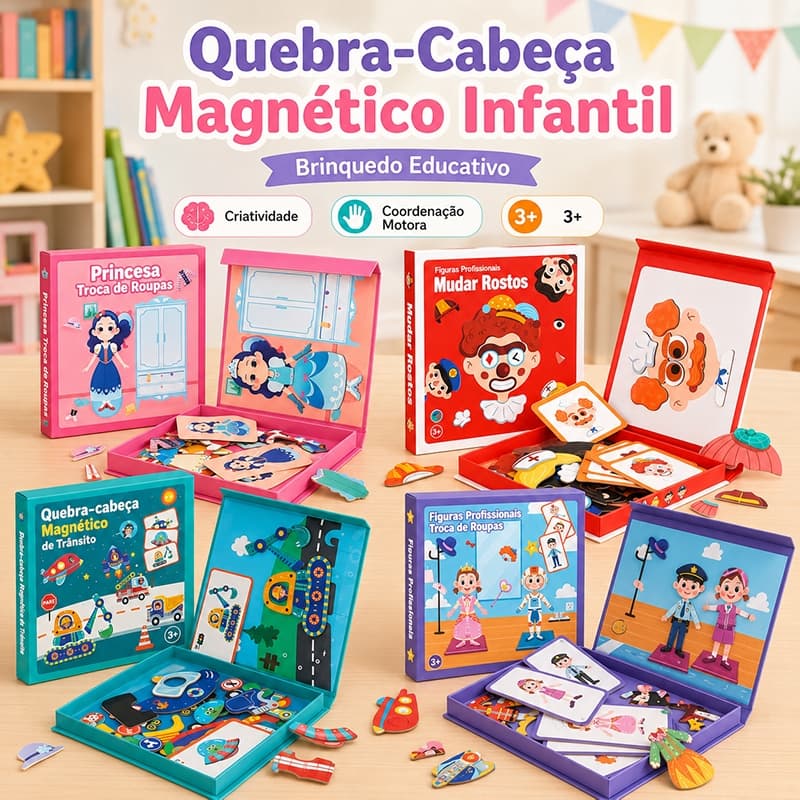 Quebra Cabeça Magnético Infantil Educativo com Peças Magnéticas e Cartões