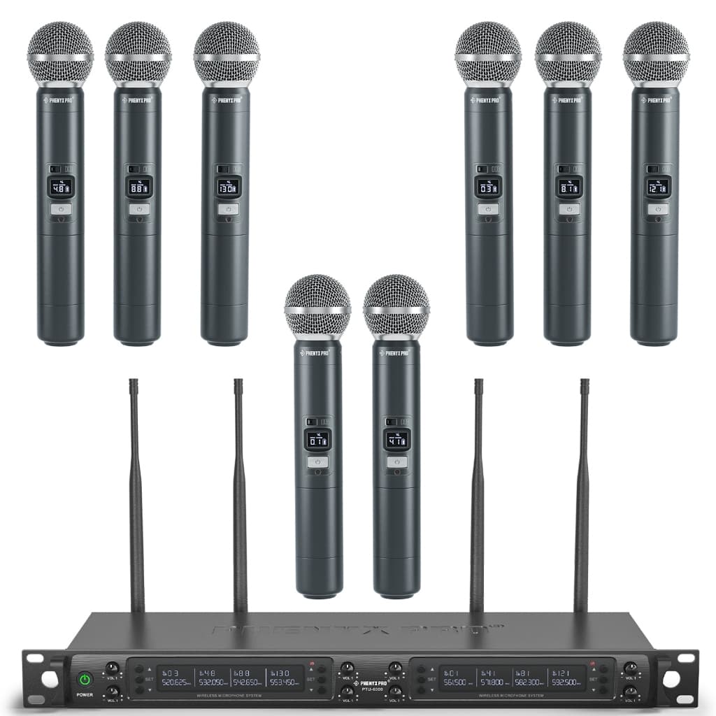 Sistema de microfone sem fio UHF de 8 canais Phenyx Pro PTU-6000 8 microfones dinâmicos portáteis