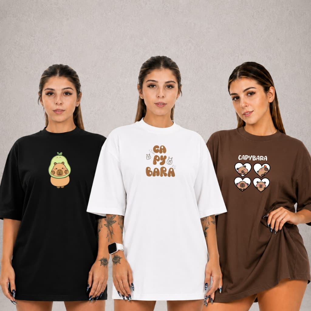 Kit 3 Blusa Feminina Estanpa Capybara Pequena T-Shirt Plus Size Manga Curta Gola Redonda Malha 100% Algodão