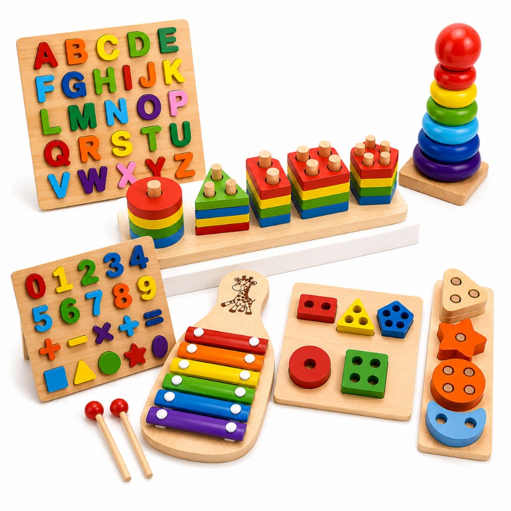 Kit de Brinquedo Educativo Montessori de Madeira - Formas Geométricas - 3 Jogos