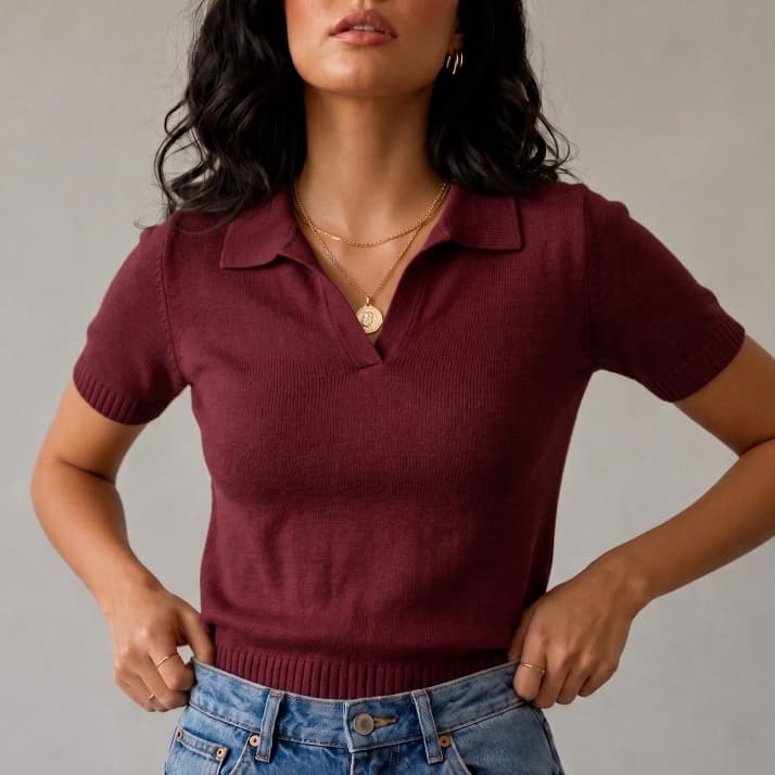 BLUSA FEMININA GOLA POLO TRICOT MODAL MANGA CURTA ESTILOSA