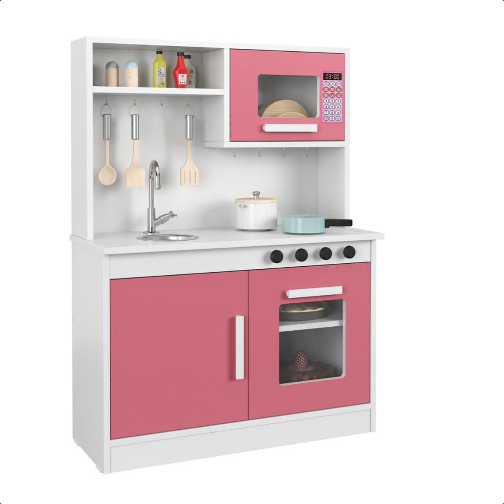 Mini Cozinha de Brinquedo com Fogão e forno Pia completa Infantil branco-Rosa
