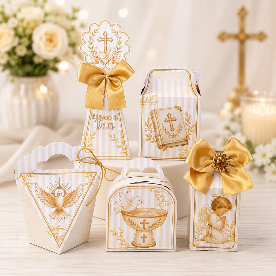 Caixinhas Personalizadas Batizado Dourado para lembrancinha de aniversário com nome e idade