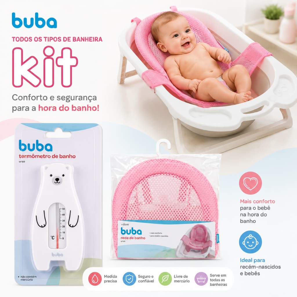 Kit Termômetro de Banho Banheira Infantil Bebê e Rede Rede De Proteção Buba Redutor Banheira Bebê
