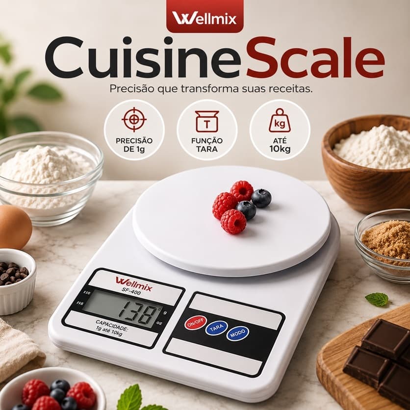 Balança de Cozinha Digital Função Tara 1 Grama Até 10Kg Visor de LCD - CuisineScale