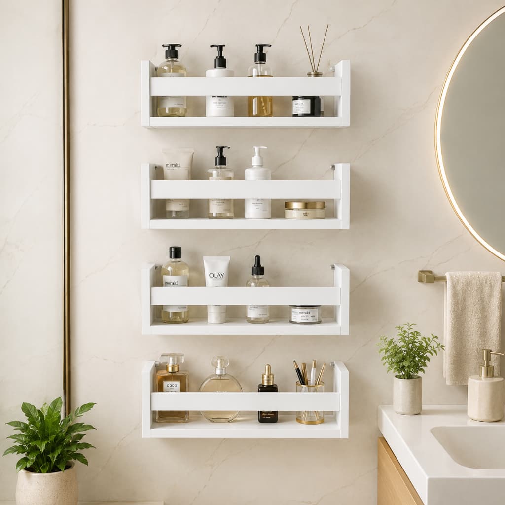 Prateleira Porta Shampoo Banheiro MDF Branco Organizador Suspenso Parede Multiuso