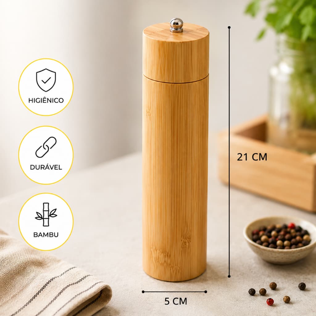 Porta Tempero De Bambu Moedor Triturador Oikos Pimenteiro Cor Marrom-claro Saleiro