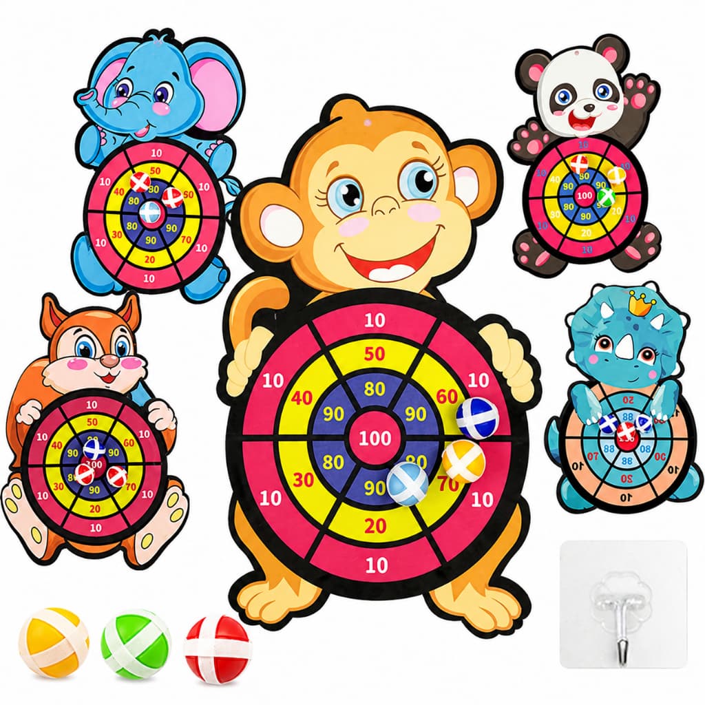 KIT 05 Jogos de Dardos Infantil com Velcro Animal | Alvo Educativo + 3 Bolinhas + Gancho | Brinquedo para Crianças