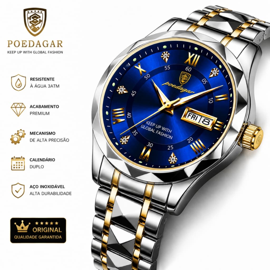 Relógio Luxo Masculino Social Poedagar 615 Analógico Calendário Completo Aço Inox Resistente à Água
