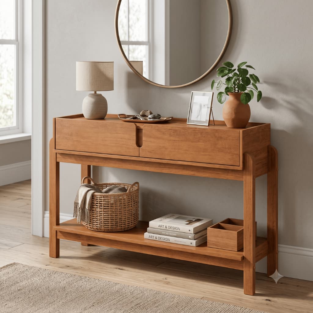 OFERTA Aparador Console Compacto 2 Gavetas Prateleira Madeira Maciça Decoração Sala Corredor