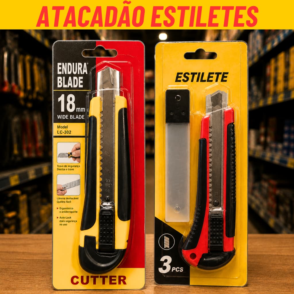 Estilete Industrial Emborrachado com 3/10 Lâminas ou sem 18mm Reforçado Multifuncional Pegada Boa