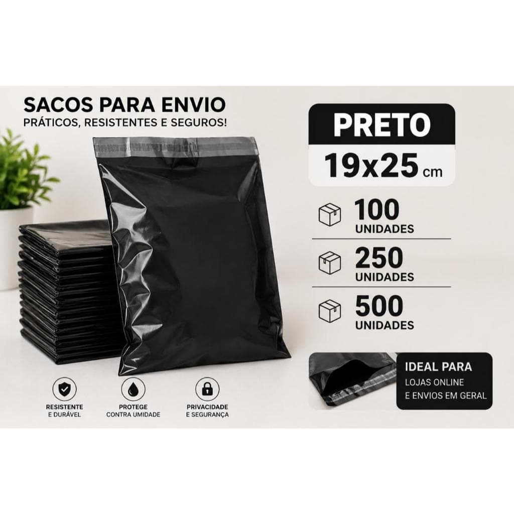 Saquinho de Envio Preto 19x25cm com fita adesiva Autocolante