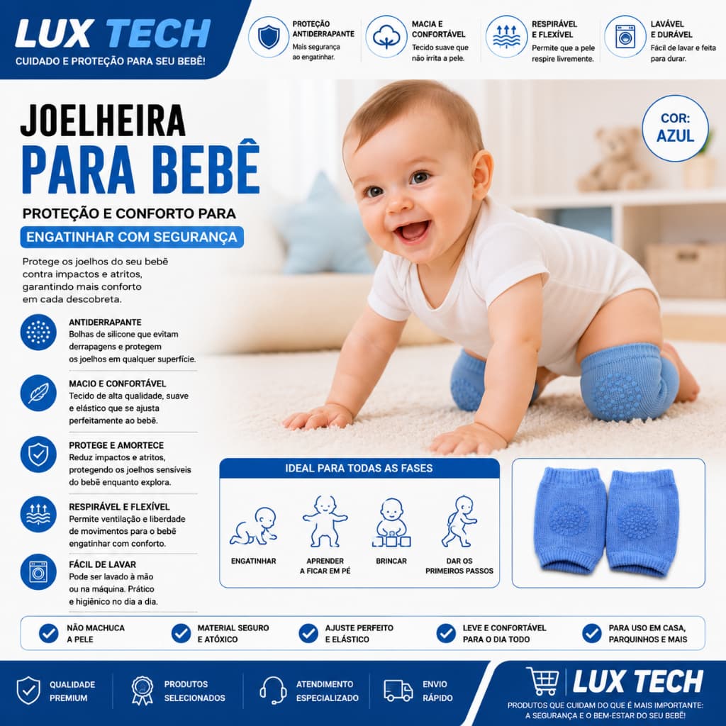 Joelheira Para Bebe Antiderrapante Macia Engatinhar Protetor Joelho Cor:Azul