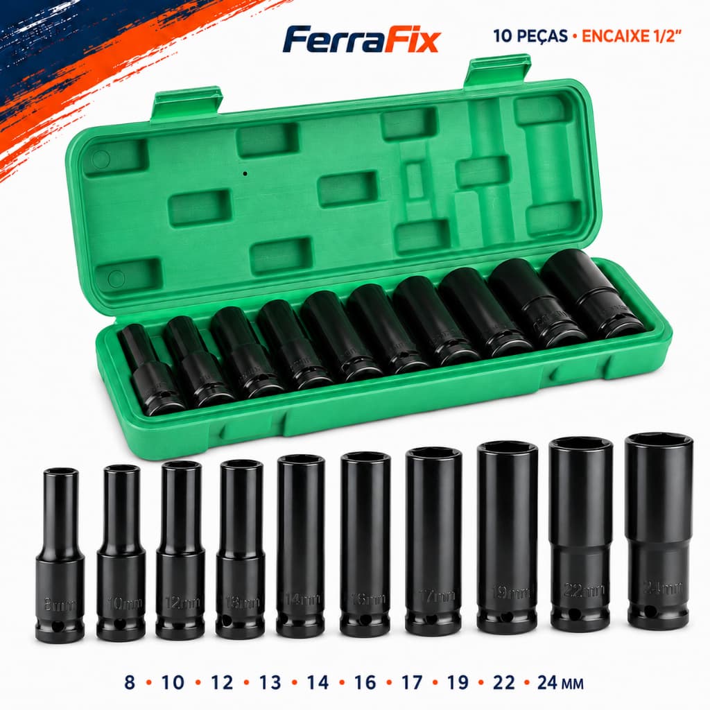 Kit de Soquete Longo 1/2" 10 Peças - Ferramenta de Impacto Automotiva FerraFix