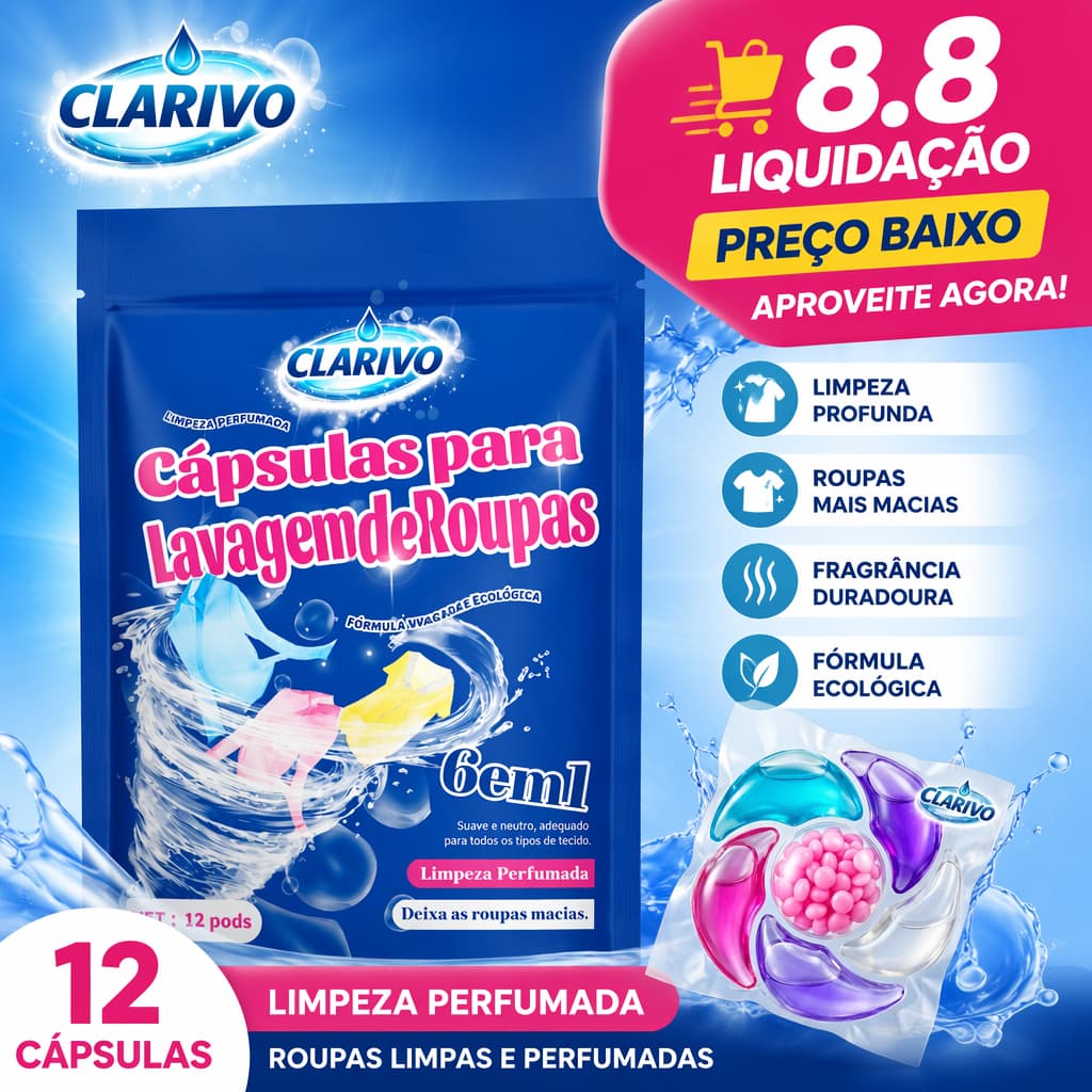 CLARIVO Cápsulas para Lavagem de Roupas 6em1 Anti-Ácaros, Anti-Manchas, Perfume Duradouro e Sem Fósforo