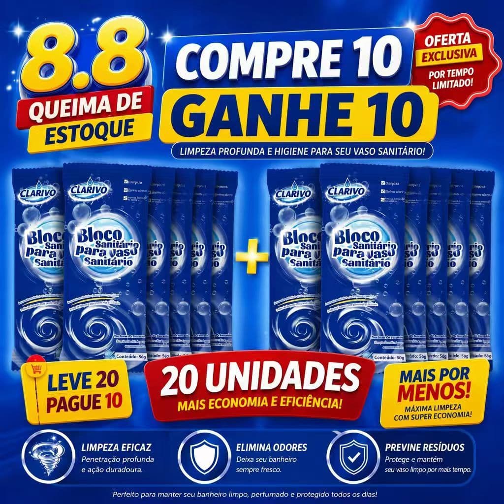 CLARIVO Bloco Sanitário Compre 10 Ganhe 10 Limpeza Automática em Cada Descarga Evita Resíduos e Maus Odores