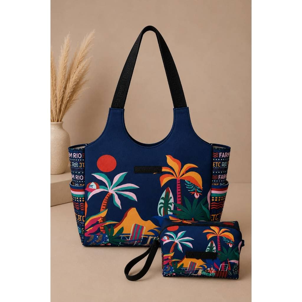 Kit Sacola Regata com Necessaire porta Maquiagem Bolsa Farm Grande Praia Verão envio Imediato