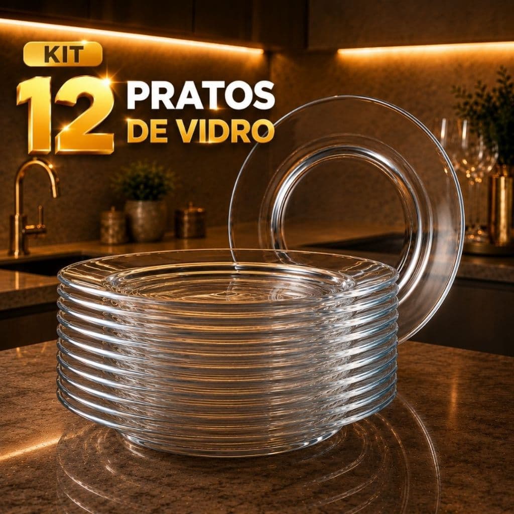 Conjunto 12 Pratos Fundo de Vidro Transparente Reforçado Peça Avulsa para Cozinha e Mesa Posta Design Clássico
