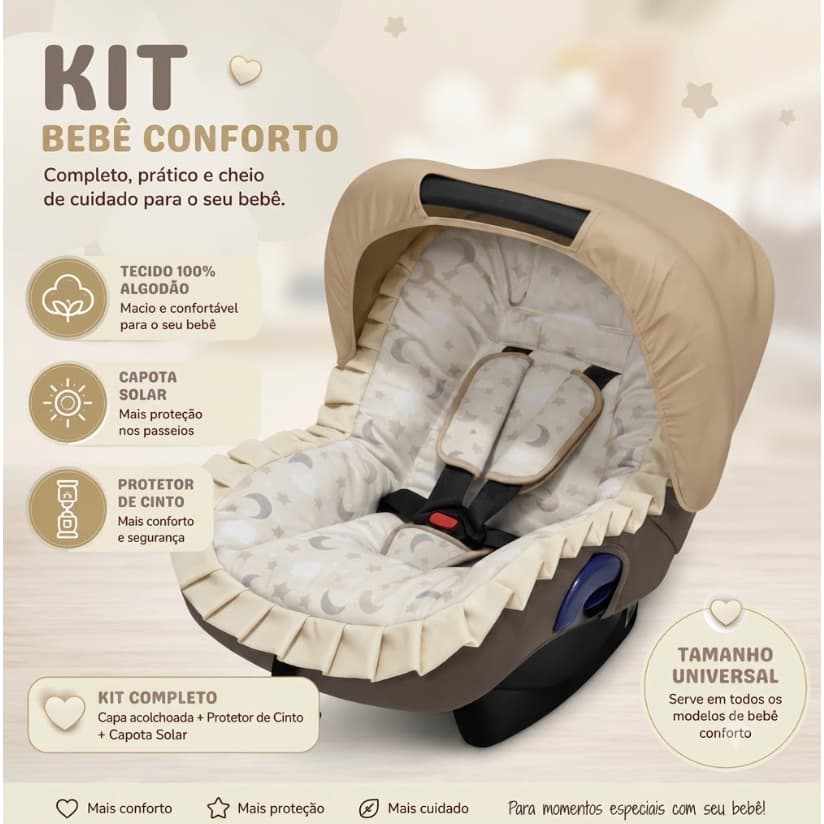 Kit Capa Bebê Conforto Acolchoada com Protetor de Cinto e Capota Solar Universal